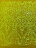 Hight Designs Fashion Design with Sequins Embroider on a 4 Way Stretch Mesh Fabric-Sold by The Yard. Neon Yellow Iridescent