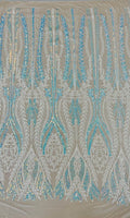 Shark Tail Fashion Design with Sequins Embroider on a 4 Way Stretch Mesh Fabric-Sold by The Yard. Aqua Iridescent
