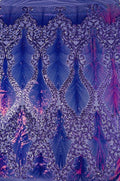 Feather Lux Fashion Design with Sequins Embroider on a 4 Way Stretch Mesh Fabric-Sold by The Yard. Rainbow Lavender Iridescent