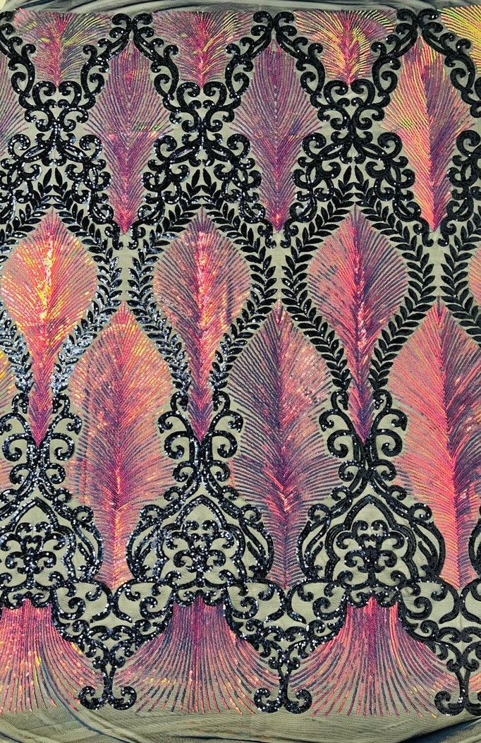 Feather Lux Fashion Design with Sequins Embroider on a 4 Way Stretch Mesh Fabric-Sold by The Yard. Rainbow Navy Blue Iridescent