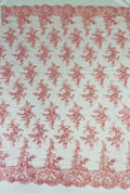 Corded Floral Design Embroidery On a Mesh Lace With Sequins and Cord-Dresses-Fashion-Prom-Nightgown-Sold By The Yard Pink