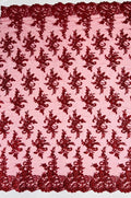 Corded Floral Design Embroidery On a Mesh Lace With Sequins and Cord-Dresses-Fashion-Prom-Nightgown-Sold By The Yard Burgundy