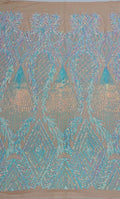 Geometric Diamond Luxury Fashion Design with Sequins Embroider on a 4 Way Stretch Mesh Fabric-Sold by The Yard. Clear Icy Nude
