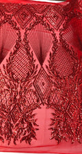 Geometric Diamond Luxury Fashion Design with Sequins Embroider on a 4 Way Stretch Mesh Fabric-Sold by The Yard. Red