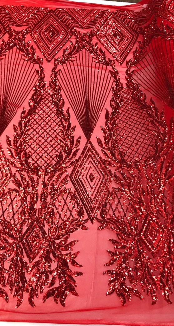 Geometric Diamond Luxury Fashion Design with Sequins Embroider on a 4 Way Stretch Mesh Fabric-Sold by The Yard. Red