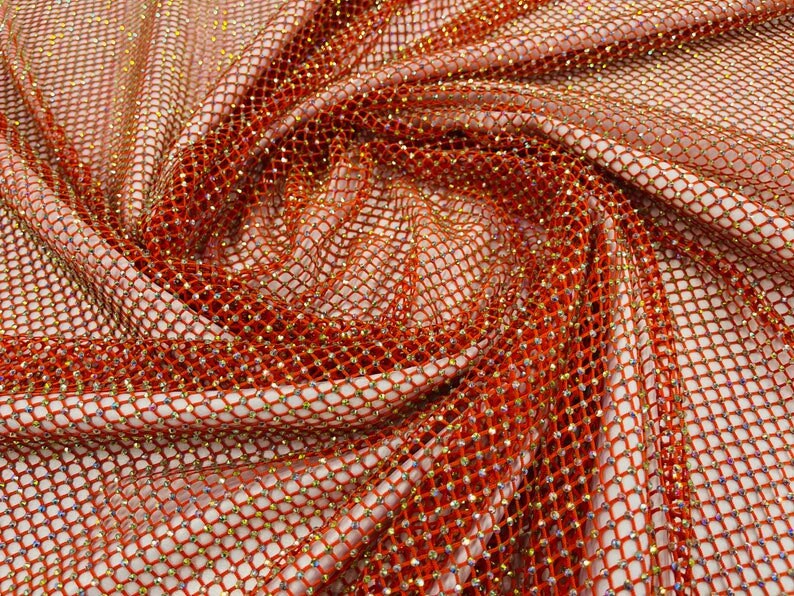 RHINESTONES - High Fashion - Rhinestones On Soft Stretch Fish Net Fabric 45" Wide -Sold by The Yard. Orange