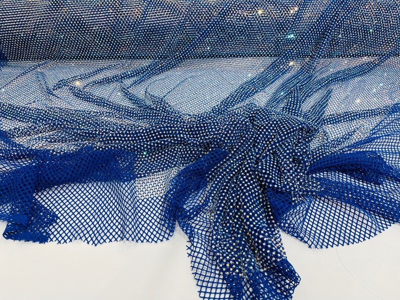 RHINESTONES - High Fashion - Rhinestones On Soft Stretch Fish Net Fabric 45" Wide -Sold by The Yard. Royal Blue