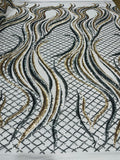 Fire Luxury Fashion Design with Sequins Embroider on a 4 Way Stretch Mesh Fabric-Sold by The Yard. Gold Silver