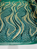 Fire Luxury Fashion Design with Sequins Embroider on a 4 Way Stretch Mesh Fabric-Sold by The Yard. Hunter Green Matt Gold
