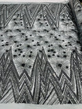 Geometric Luxury Fashion Design with Sequins Embroider on a 4 Way Stretch Mesh Fabric-Sold by The Yard. Gray Silver