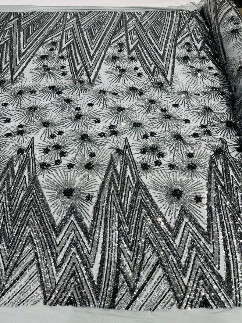 Geometric Luxury Fashion Design with Sequins Embroider on a 4 Way Stretch Mesh Fabric-Sold by The Yard. Gray Silver
