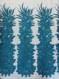 Beaded Feather Design Embroidery On a Mesh Fabric-Sold By The Panel- Turquoise