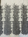 Beaded Feather Design Embroidery On a Mesh Fabric-Sold By The Panel- Gray