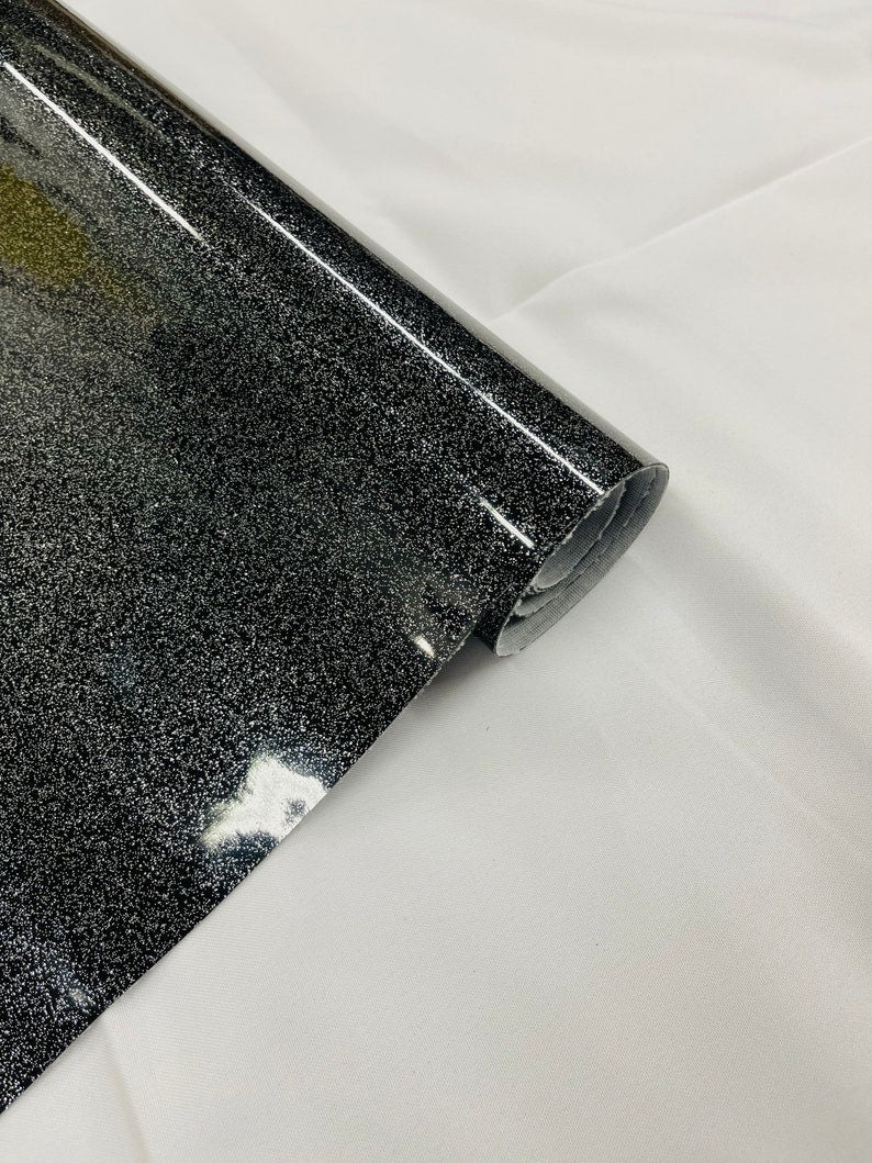 Shiny Sparkle Glitter Vinyl, Faux Leather PVC-Upholstery Craft Fabric Sold by The Yard. Black