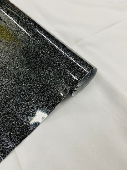 Shiny Sparkle Glitter Vinyl, Faux Leather PVC-Upholstery Craft Fabric Sold by The Yard. Black