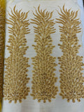 Beaded Feather Design Embroidery On a Mesh Fabric-Sold By The Panel- Gold