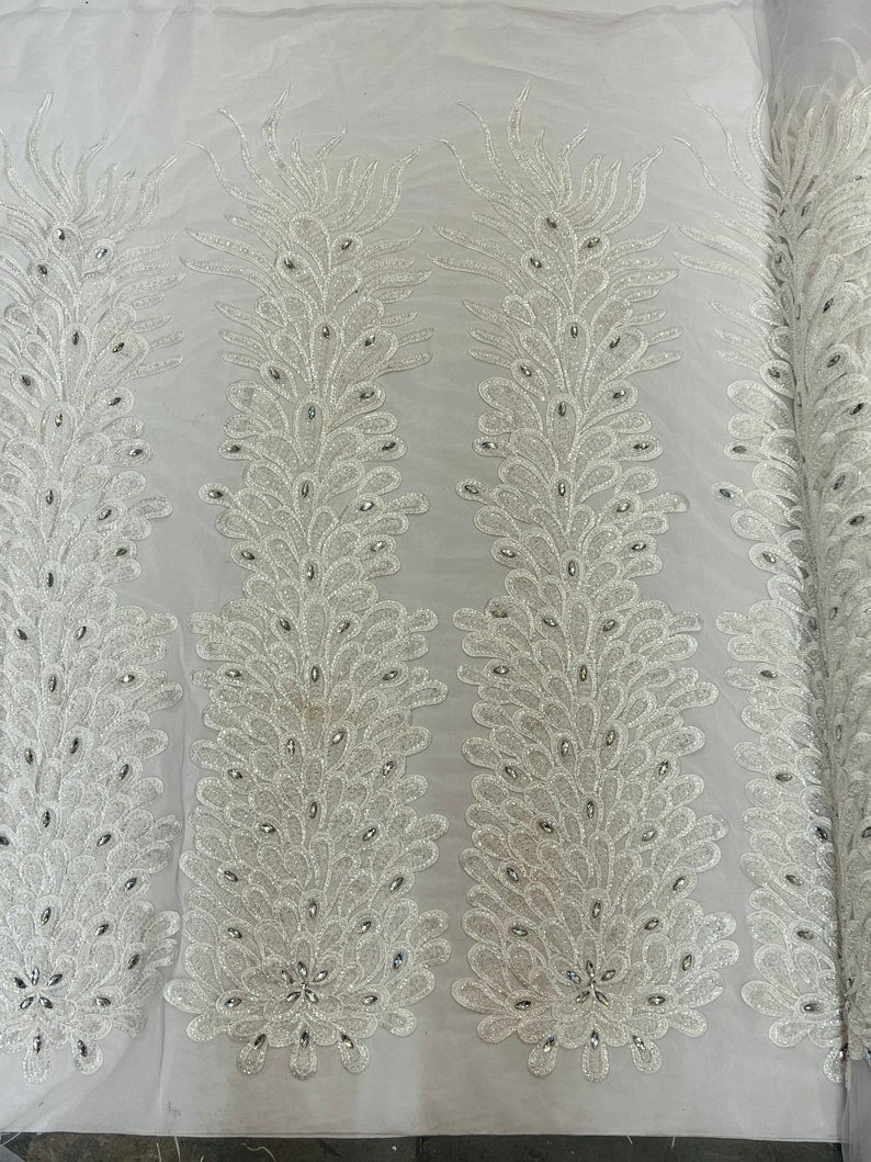 Beaded Feather Design Embroidery On a Mesh Fabric-Sold By The Panel- White