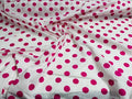 Premium 1 inch Polka Dot Poly Cotton Fabric Sold By The Yard. Fuchsia on White