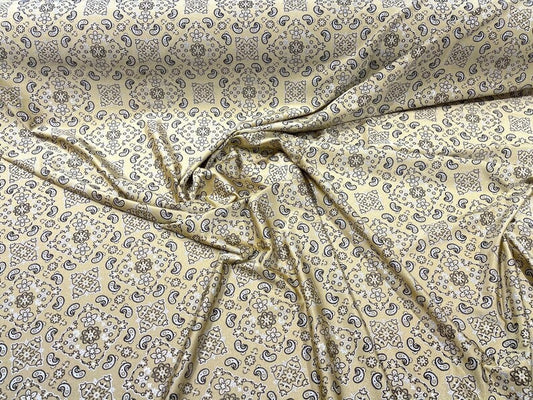 Metallic Bandanna Print on a Stretch Tricot Spandex Fabric- Sold by Yard. Light Gold