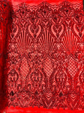 Mermaid Luxury Fashion Design with Sequins Embroider on a 4 Way Stretch Mesh Fabric-Sold by The Yard. Red