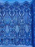 Mermaid Luxury Fashion Design with Sequins Embroider on a 4 Way Stretch Mesh Fabric-Sold by The Yard. Royal