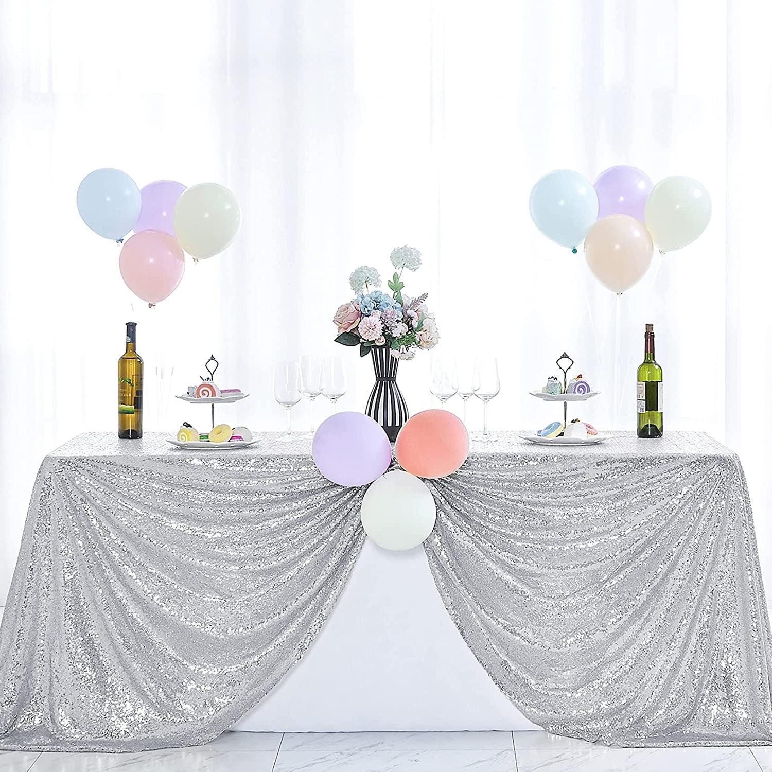 Silver Glitz Sequin Rectangular Tablecloth / Table Covers Decorations for Birthday Party Supplies Event Wedding Table Skirt Decor