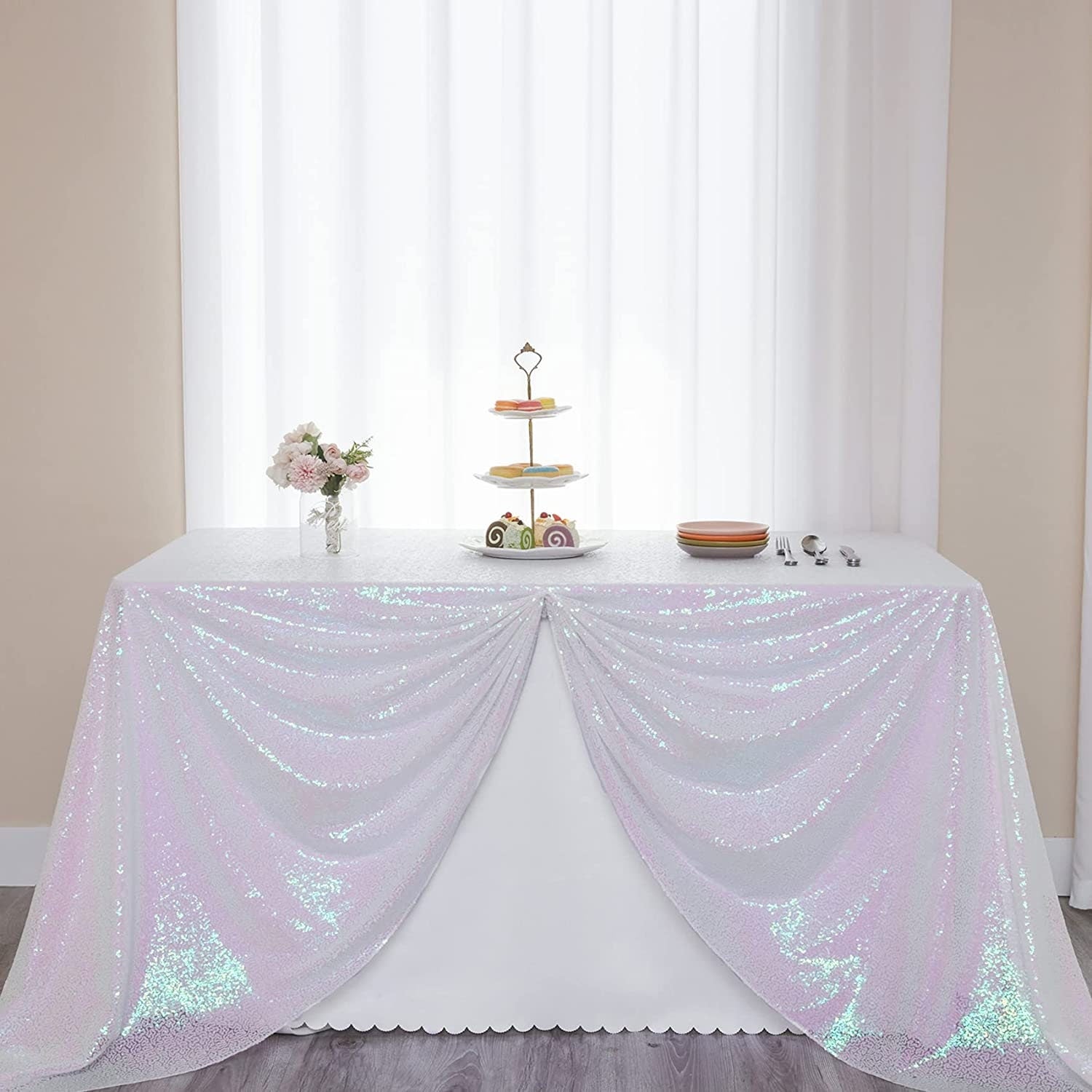 White Iridescent Glitz Sequin Rectangular Tablecloth Table Covers Decorations for Birthday Party Supplies Event Wedding Table Skirt Decor