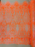 Mermaid Luxury Fashion Design with Sequins Embroider on a 4 Way Stretch Mesh Fabric-Sold by The Yard. Orange Nude