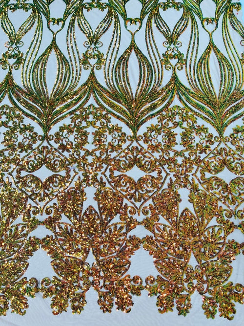 4 Way Stretch Fashion Design with Sequins Embroider on a 4 Way Stretch Mesh Fabric-Sold by The Yard. Orange/Green/Nude