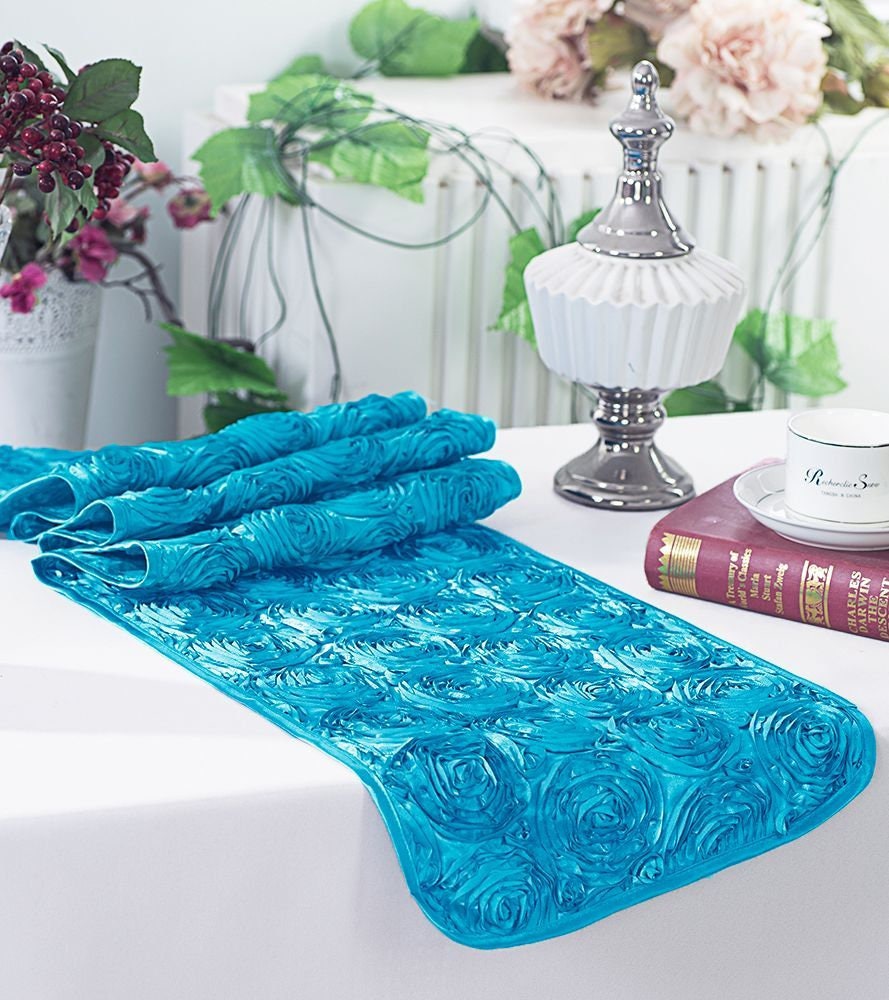 3D Floral Polyester Satin Rosette Fabric By The Yard - LIGHT BLUE - For Overlay Tablecloth Wedding Party Dining Room Table Linens, Backdrops