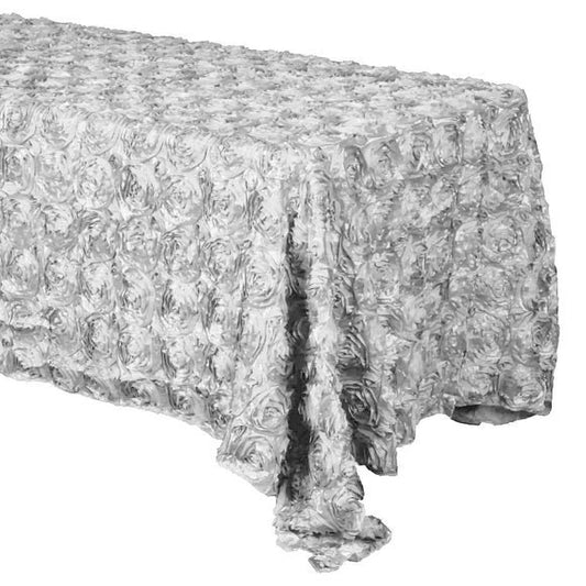 3D Satin Rosette Rectangular Tablecloth - SILVER - Rosette Tablecloth 3D Flowers Satin Fabric Overlay for Wedding Reception Table Decoration