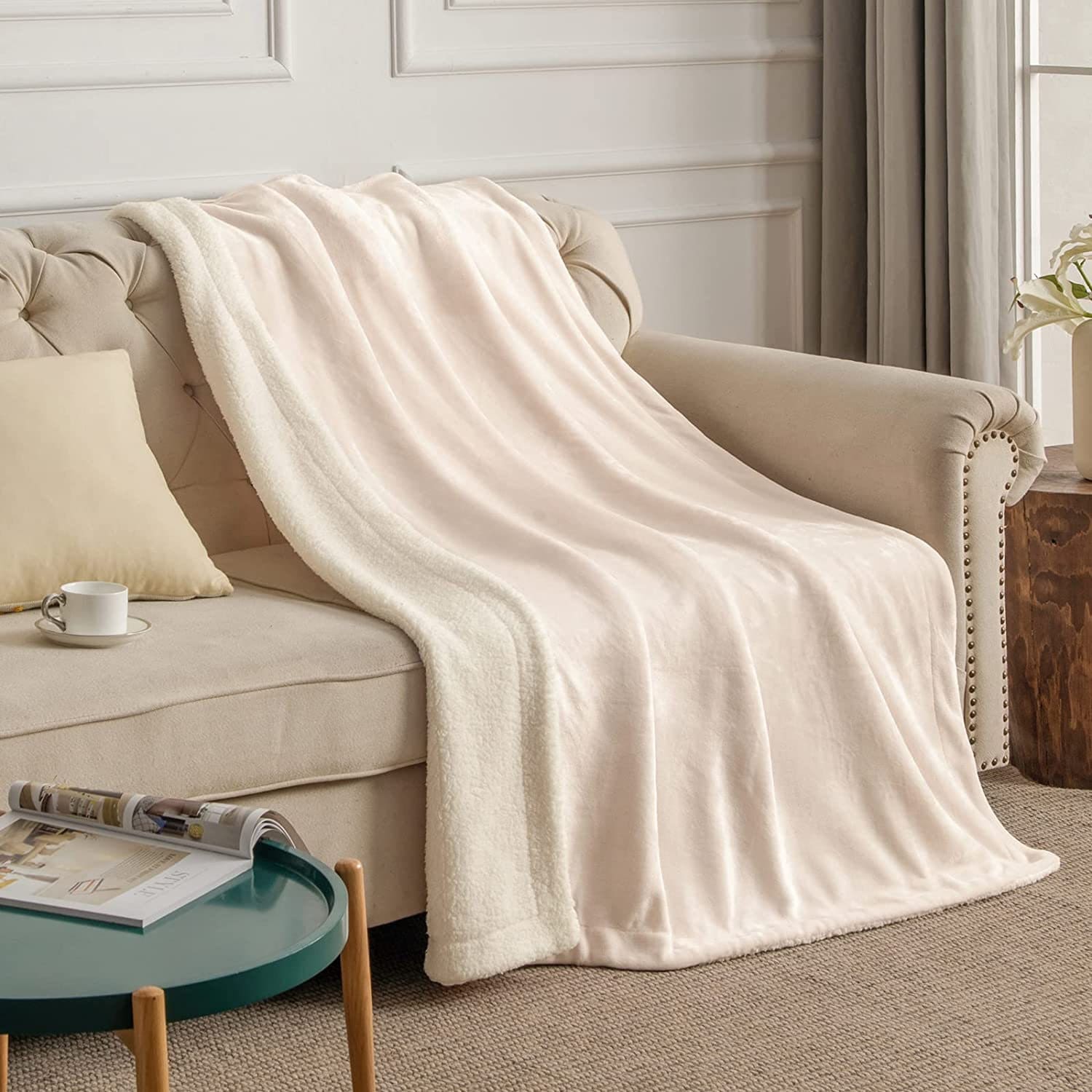 Sherpa Fabric By Yard - Cuddle Minky Sherpa Fleece Lamb Wool Design Fabric - IVORY - For Throw Blanket, Super Soft Mink Fleece Couch Blanket