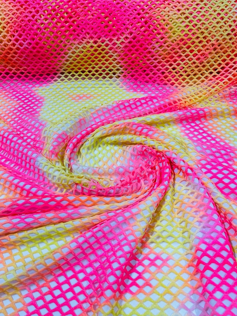 Diamond Fishnet Fabric - Lux Fishnet Diamond Mesh Tie Dye With Silver Glitter 4 Way Stretch Fabric. Sold by Yard. Neon Pink/Neon Yellow