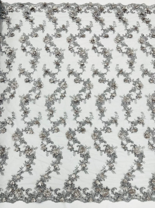 3D Floral Design Embroider and Beaded With Rhinestones On a Mesh Lace. Sold By The Yard. SILVER - For Bridal Weddings Prom & Quinceanera