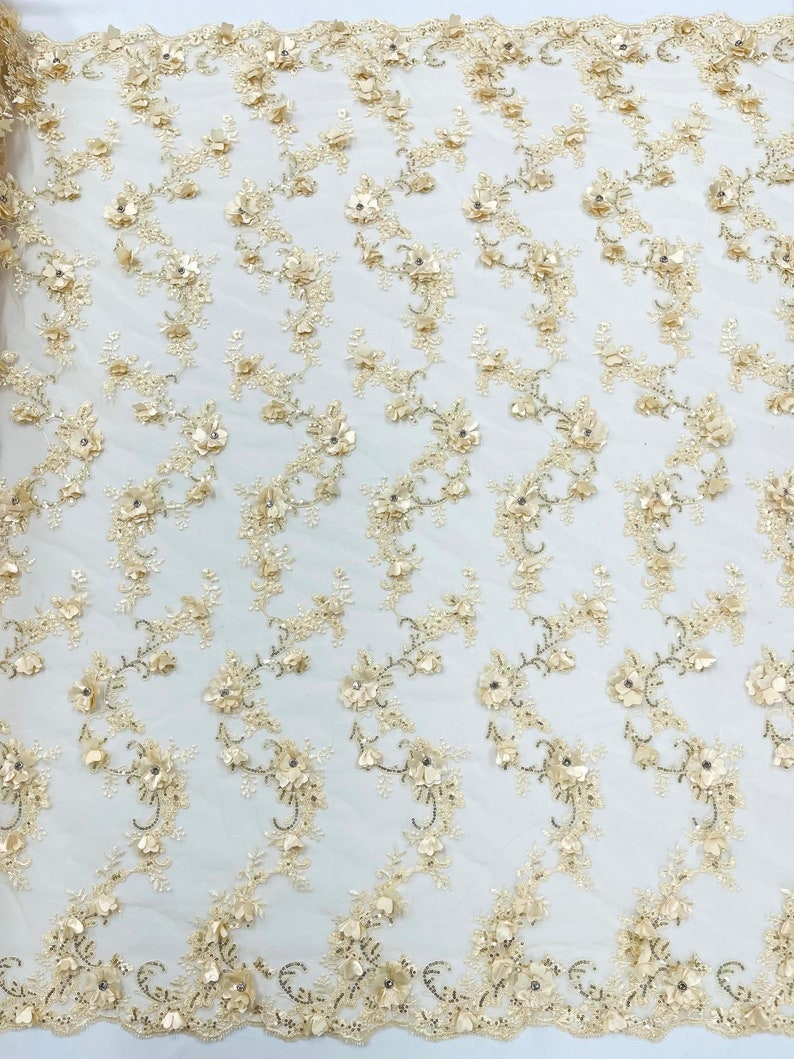 3D Floral Design Embroider and Beaded With Rhinestones On a Mesh Lace. Sold By The Yard. CHAMPAGNE - For Bridal Weddings Prom & Quinceanera