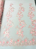 3D Floral Design Embroider and Beaded With Rhinestones On a Mesh Lace. Sold By Yard - PINK -  For Bridal Weddings Prom & Quinceanera