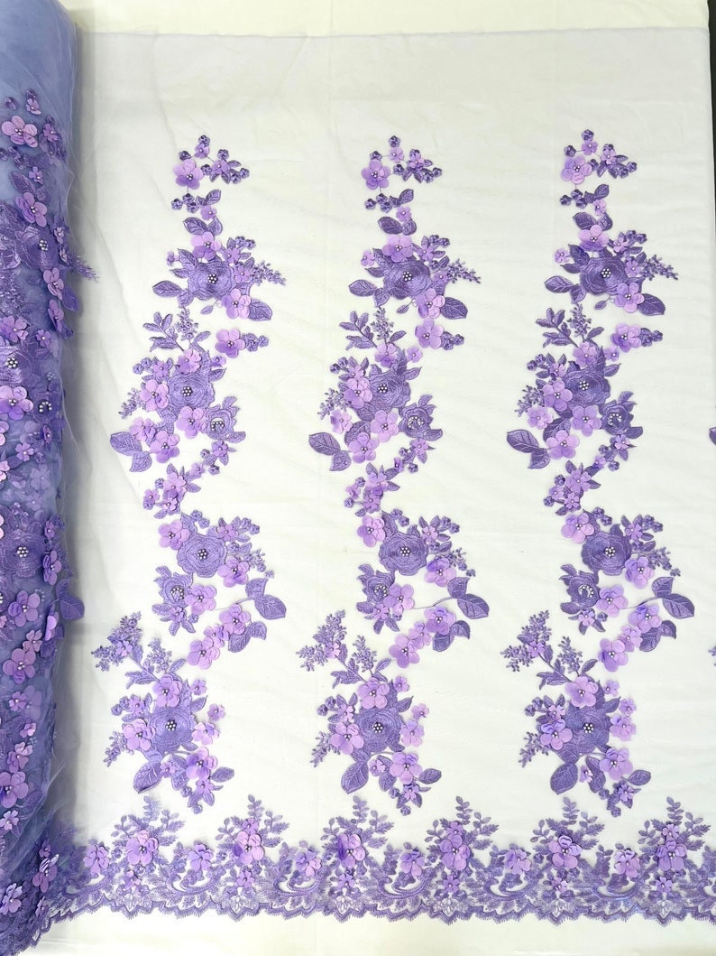 3D Floral Design Embroider and Beaded With Rhinestones On a Mesh Lace. Sold By Yard - LAVENDER -  For Bridal Weddings Prom & Quinceanera