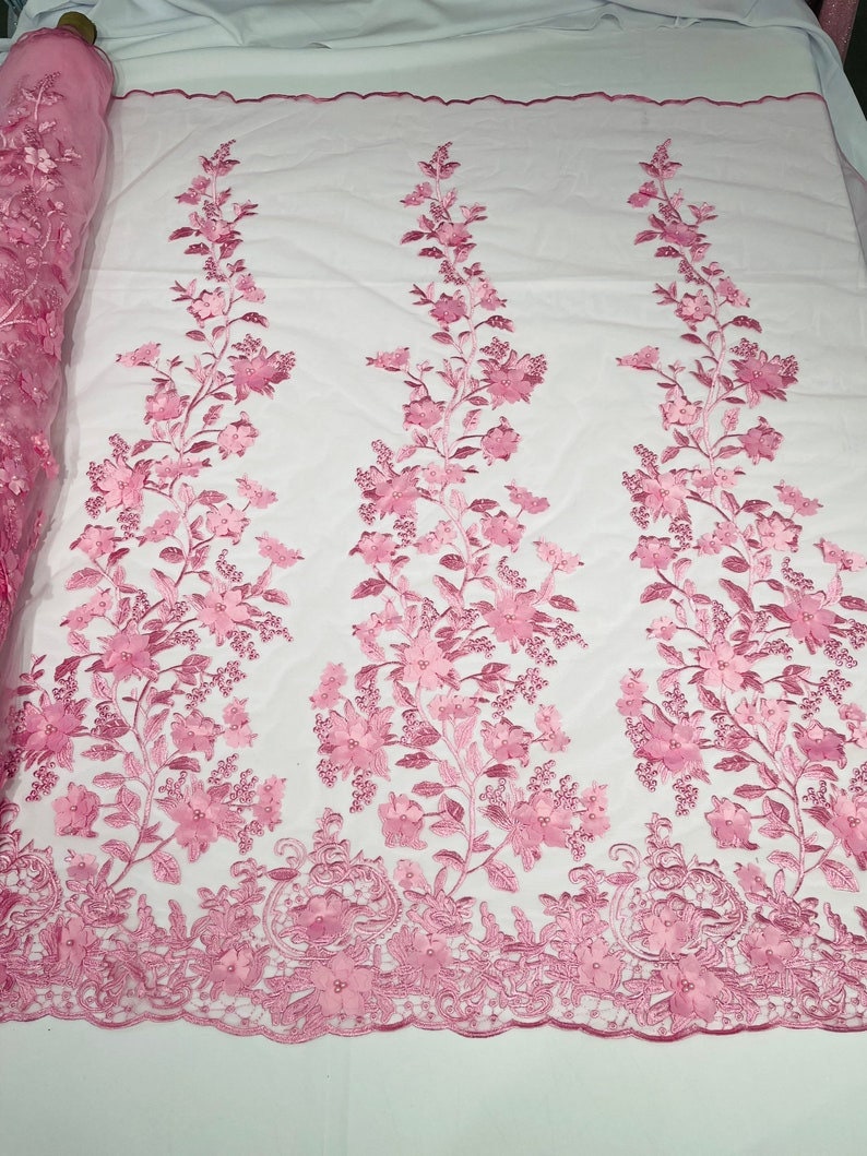 3D Floral Design Embroider and Beaded With Rhinestones On a Mesh Lace. Sold By Yard - BT PINK -  For Bridal Weddings Prom & Quinceanera
