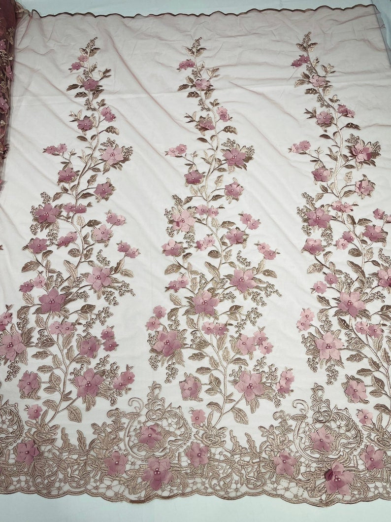 3D Floral Design Embroider and Beaded With Rhinestones On a Mesh Lace. Sold By Yard - DUSTY PINK -  For Bridal Weddings Prom & Quinceanera