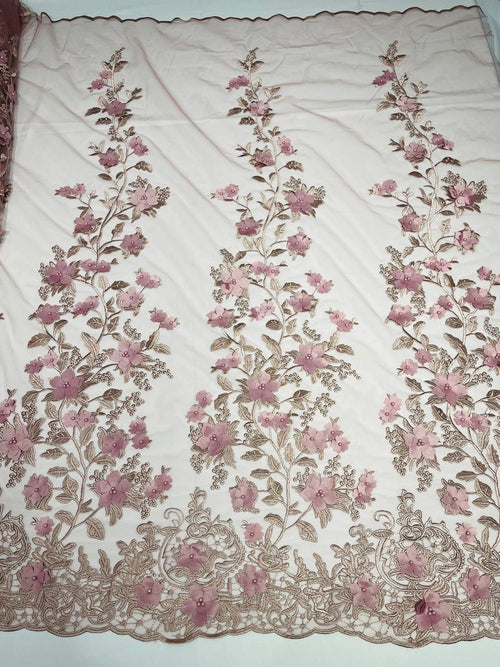 3D Floral Design Embroider and Beaded With Rhinestones On a Mesh Lace. Sold By Yard - DUSTY PINK -  For Bridal Weddings Prom & Quinceanera