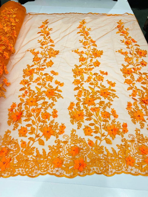3D Floral Design Embroider and Beaded With Rhinestones On a Mesh Lace. Sold By Yard - ORANGE -  For Bridal Weddings Prom & Quinceanera