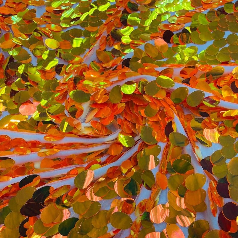 JUMBO TEARDROP -  Jumbo Stretch Mesh 2 Way - ORANGE - Sold By Yard - Tear Drop Mermaid Jumbo Sequins Fabric On White Mesh Fabric Iridescent