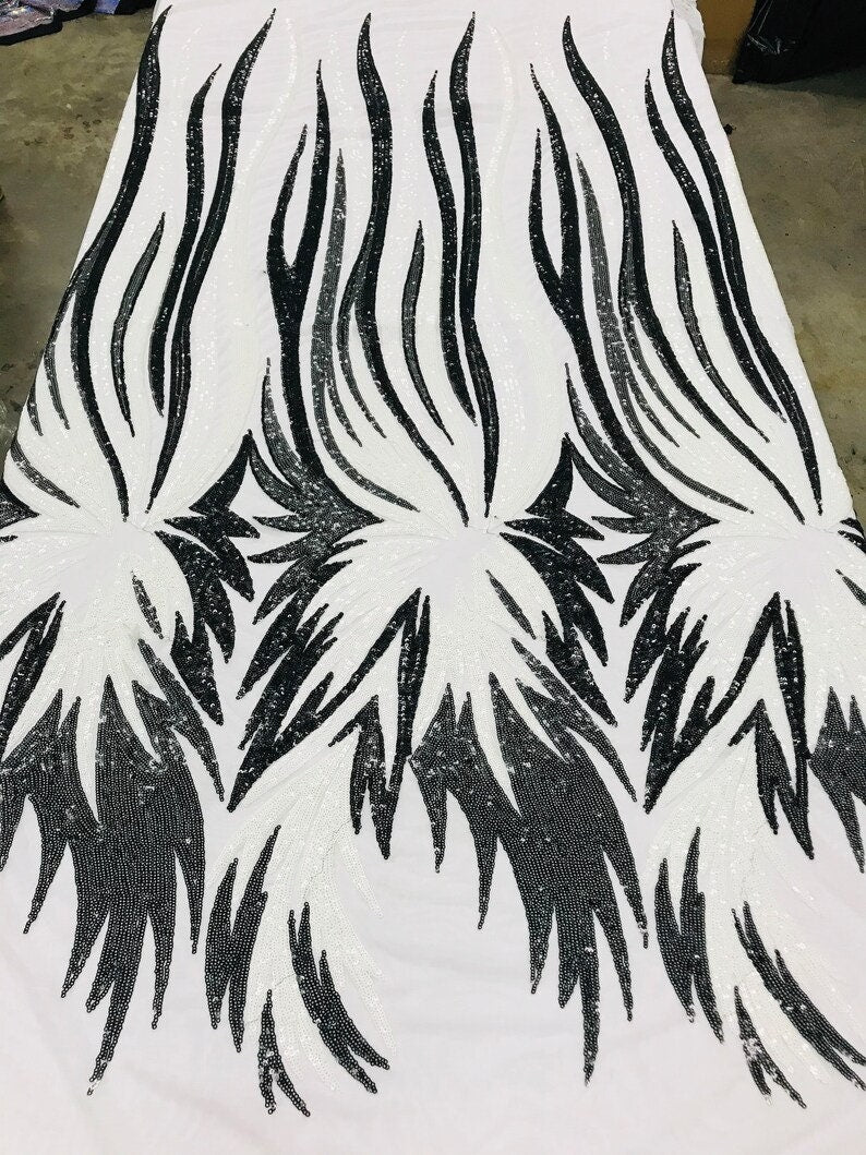 PEACOCK FEATHERS -  Peacock Feathers Fashion Design with Sequins Embroider on a 4 Way Stretch Mesh Fabric-Sold by The Yard. Black/White