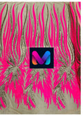 PEACOCK FEATHERS -  Peacock Feathers Fashion Design with Sequins Embroider on a 4 Way Stretch Mesh Fabric-Sold by Yard. Hot Pink/ Gold Matte
