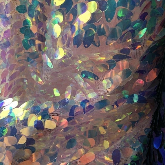 OVAL TEAR DROP  - Iridescent Oval Tear Mini Drop Sequins on Stretch Mesh 2 Way Stretch Sold By Yard Mermaid Sequin Fabric Fashion Clear