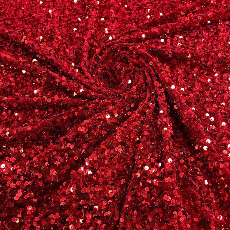SEQUIN VELVET - Sequins on a Stretch Velvet 2-Way Stretch Sold By The Yard. DKRED - For Fashion Dress Evening Dress Prom Quinceanera