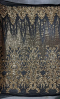 GOLD -  Luxury Fashion Design with Sequins Embroider on a 4 Way Stretch Mesh Fabric-Sold by Yard. For Evening Dress Prom Quinceanera