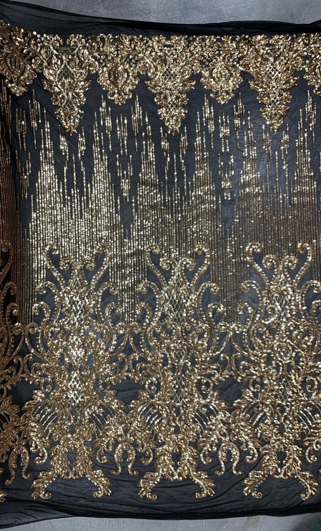 GOLD -  Luxury Fashion Design with Sequins Embroider on a 4 Way Stretch Mesh Fabric-Sold by Yard. For Evening Dress Prom Quinceanera