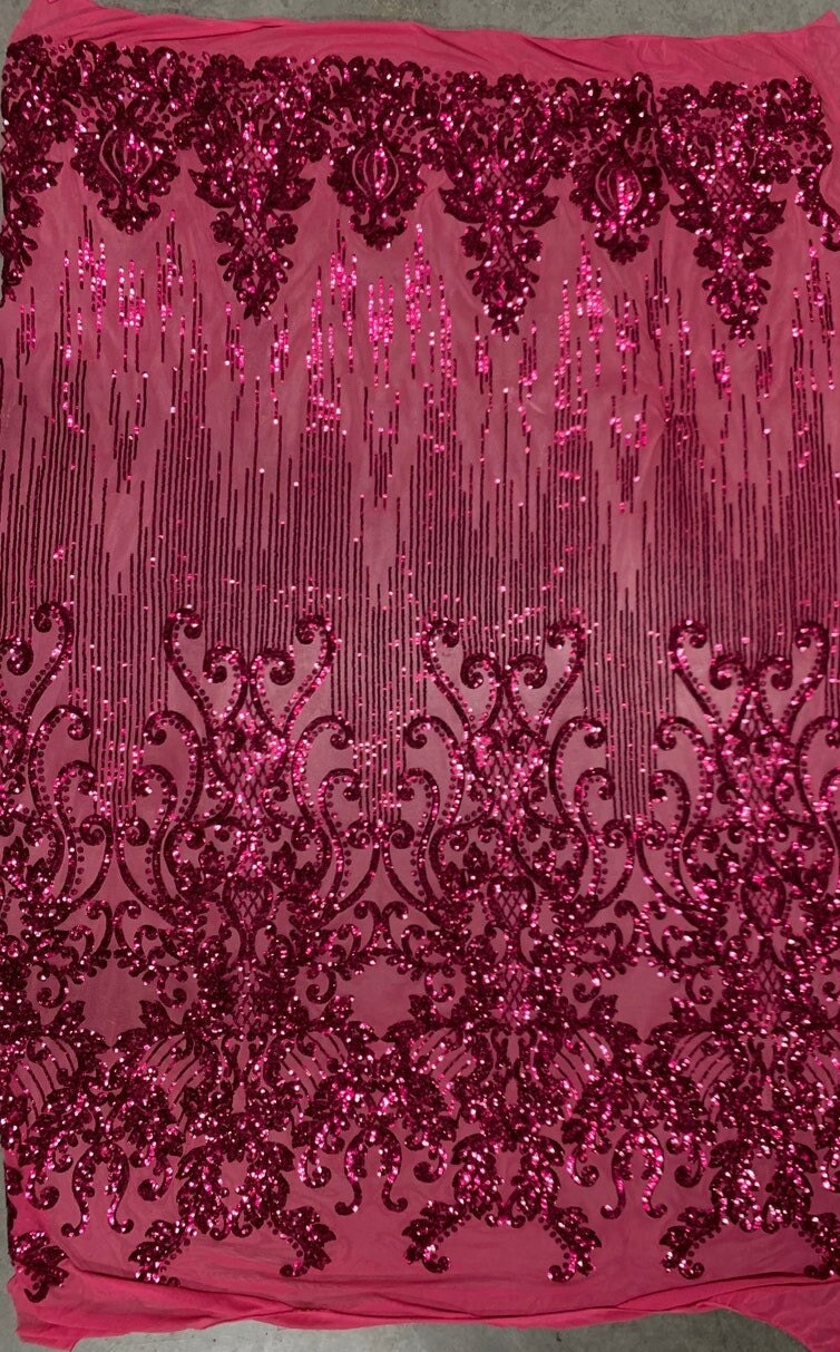 FUCHSIA -  Luxury Fashion Design with Sequins Embroider on a 4 Way Stretch Mesh Fabric-Sold by Yard. For Evening Dress Prom Quinceanera