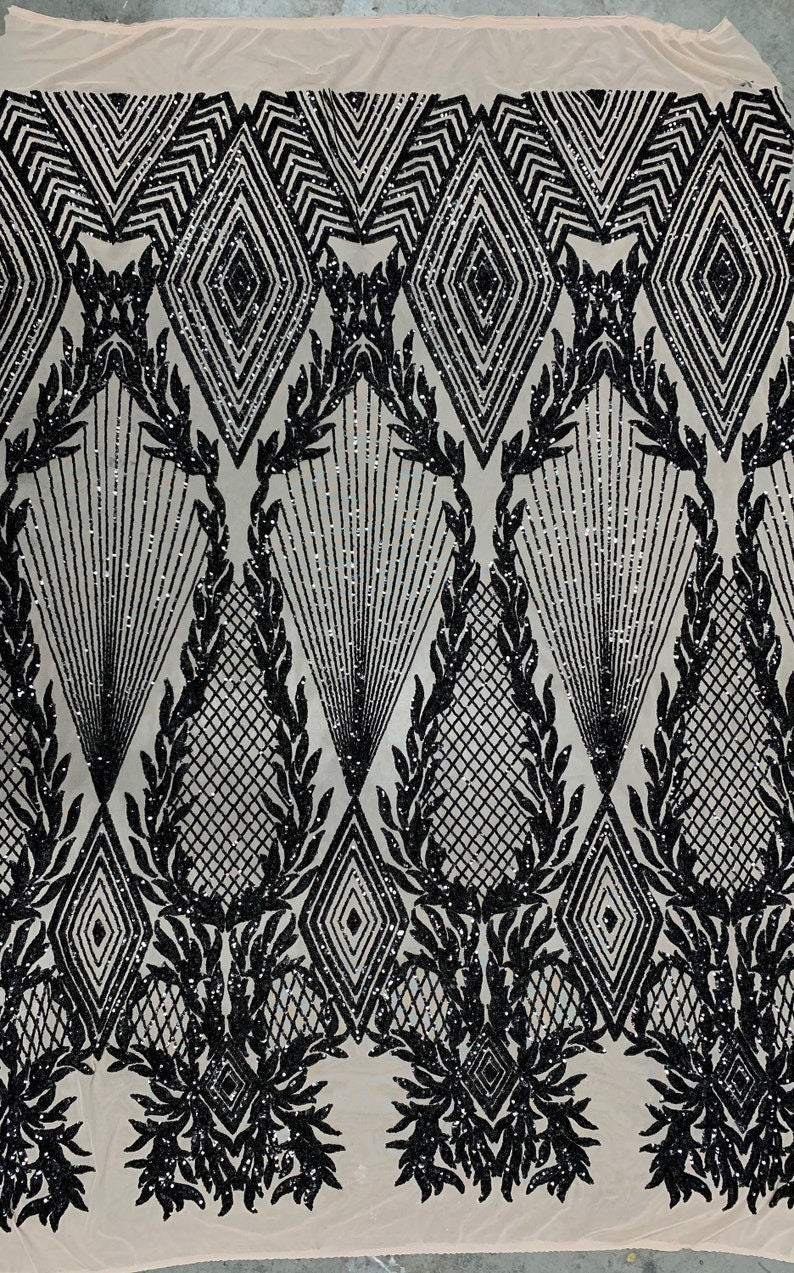 BLACK -  DIAMOND -  Fashion Design with Sequins Embroider on a 4 Way Stretch Mesh Fabric-Sold by Yard. For Evening Dress Prom Quinceanera